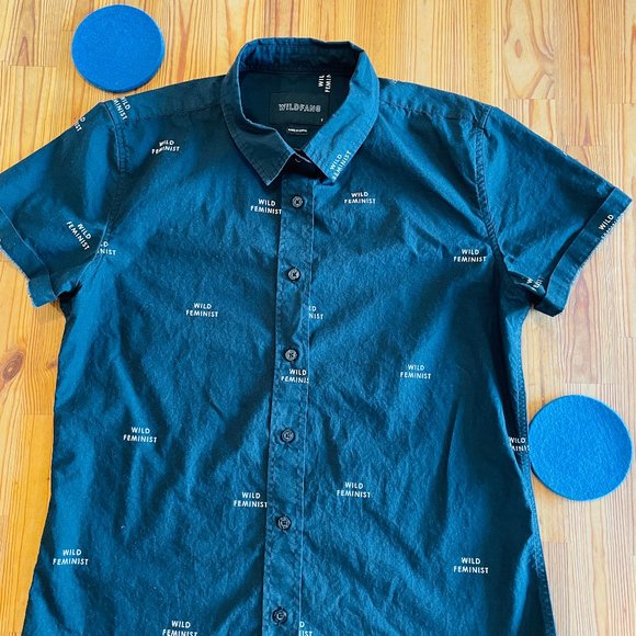 Wildfang Black Wild Feminist Short Sleeve Button Down Shirt Size S - Picture 2 of 11